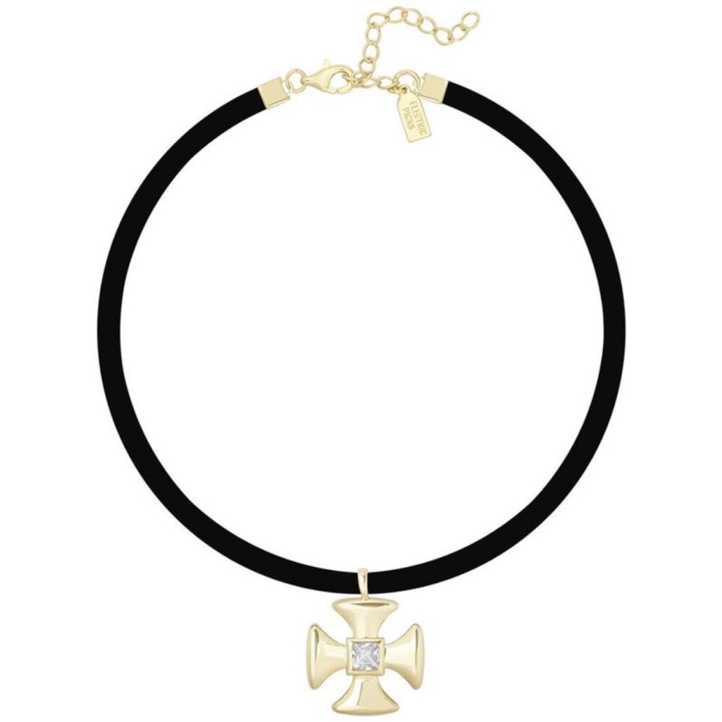 Electric Picks 14k Gold Plated Grace Statement Necklace Cross Black Suede